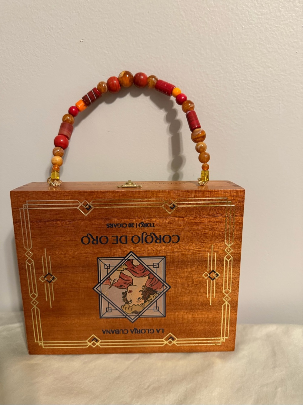 Wooden Cigar Box Purse with Red and Honey Glass Bead Handle